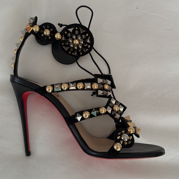 Christian Louboutin Kaleikita studded leather lace up sandals in black. - Picture 8 of 10